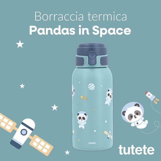 Borraccia Termica Pandas in Space Tutete - immagine promozionale Tutete con pandine astronaute, razzi e stelle su sfondo verde acqua