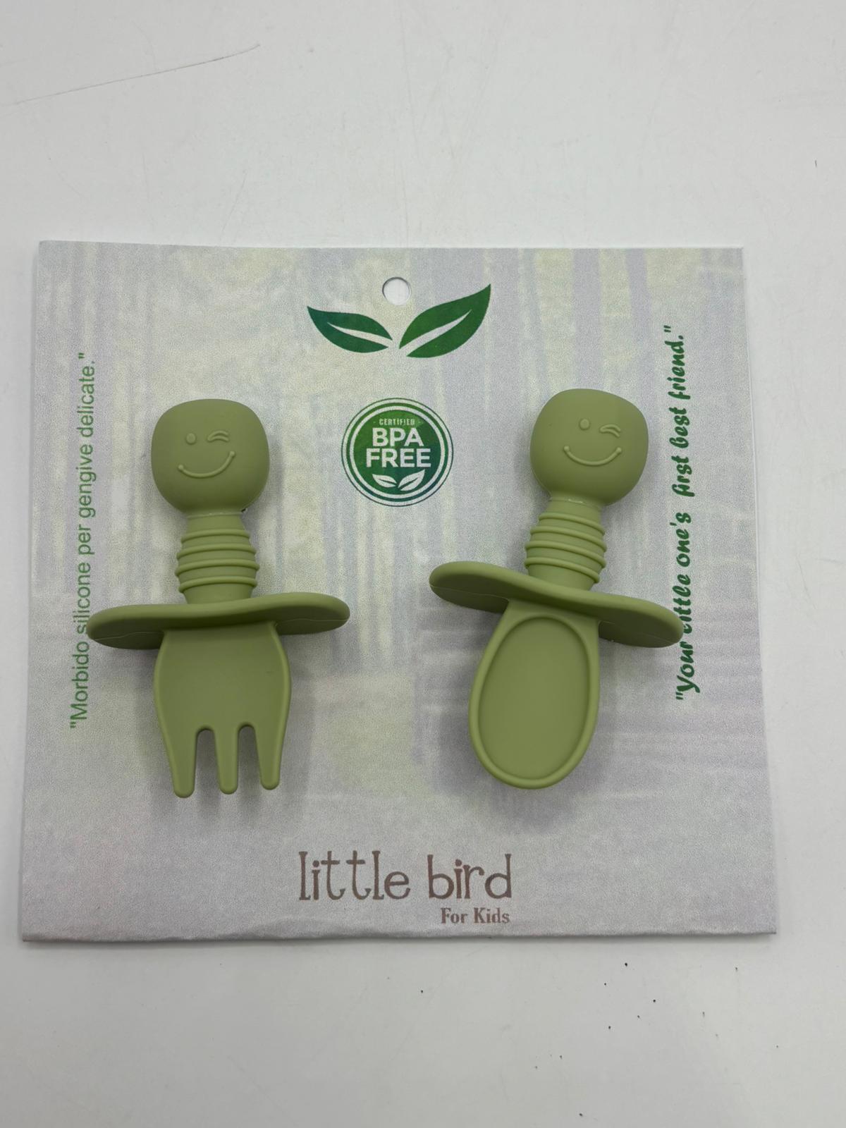 Set Posate Svezzamento 2-in-1 in Silicone BPA Free Olive - Forchetta e Cucchiaio Massaggiagengive Little Bird