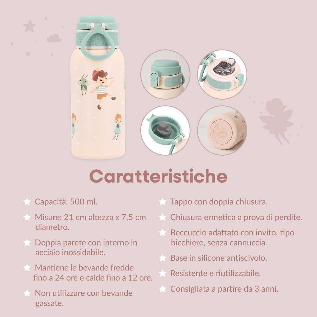 Little Bird - Borraccia Termica Wooden Boy Tutete 500ml - Acciaio Inox - Idea Regalo