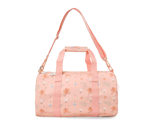 Borsa Sportiva Mouse Fairies Tutete - vista posteriore rosa cipria con pattern all-over topolina Cenerentola carrozze zucca, tracolla lunga regolabile rosa cipria con gancio oro rosa