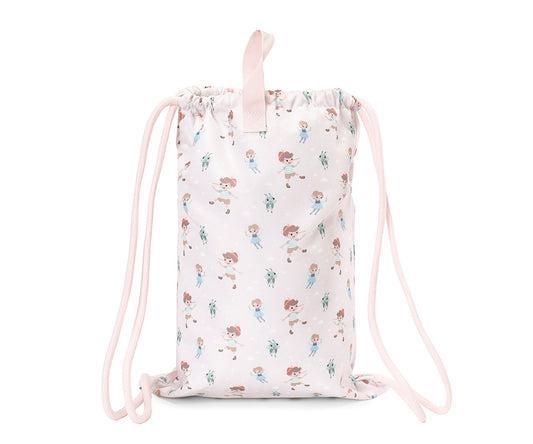 Sacca Zaino Wooden Boy Tutete - vista posteriore con fantasia all-over personaggi Pinocchio e cordoni rosa