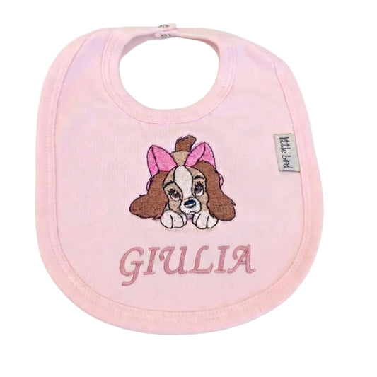 Bavetta rosa con ricamo della cagnolina Lilli e fiocco rosa