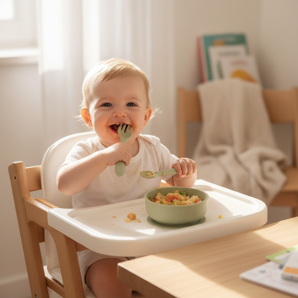 Bambino con posate verde olive