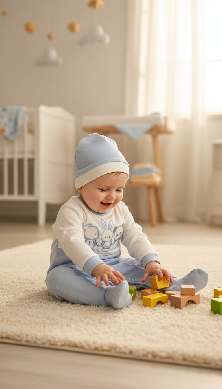 Bambino con tutina e cappellino - seduto