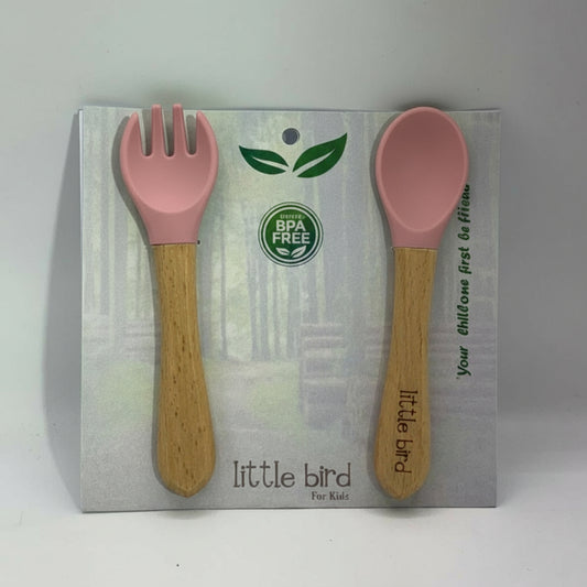 Set Posate Svezzamento Little Bird Rose Pink - Cucchiaio e Forchetta con Manico in Legno e Testa in Silicone BPA Free