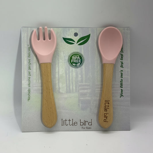 Set Posate Svezzamento Little Bird Pink - Cucchiaio e Forchetta con Manico in Legno e Testa in Silicone BPA Free