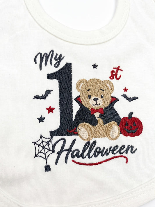 Little Bird - Bavetta Bianca “My 1st Halloween” con Orsetto Dracula Personalizzabile - Ricamata a Mano - Regalo Halloween