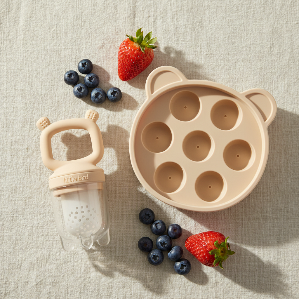 Combo Ciuccio Frutta + Stampo Ghiacciolini Beige - flat lay