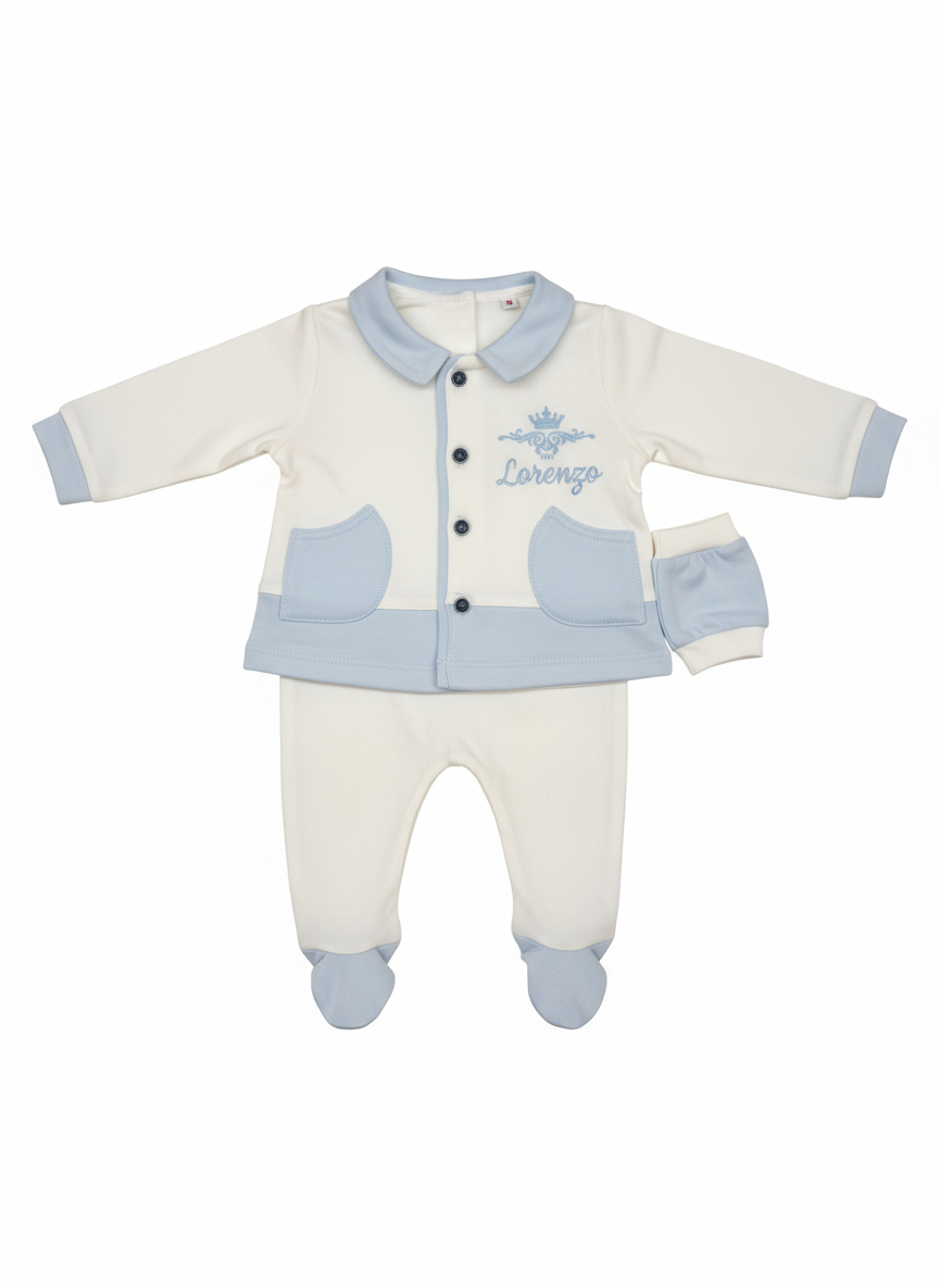 Completino Elegante Neonato Bianco e Azzurro con Corona - Giacca e Pantaloni
