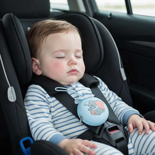 Portaciuccio Dumbo azzurro in auto con bimbo