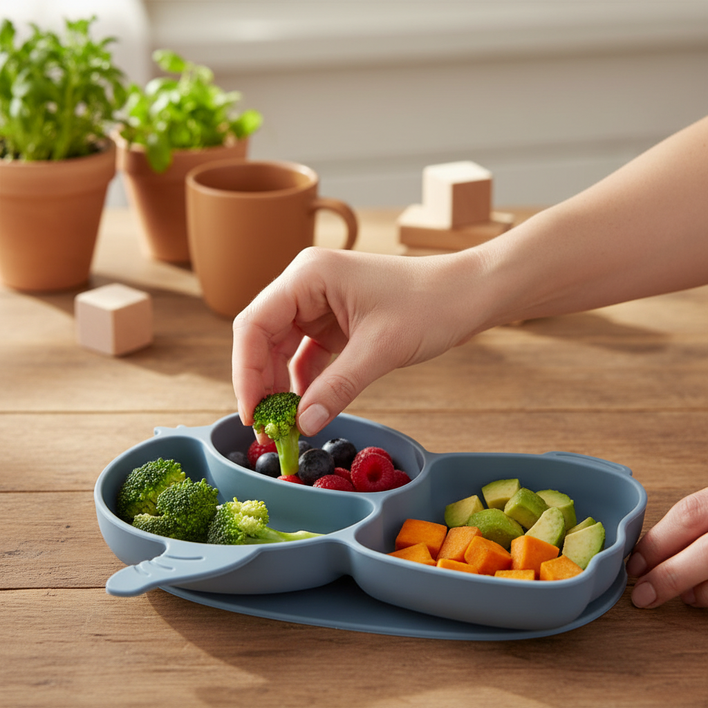 Mamma che prepara il pasto nel piatto elefante dusty blu