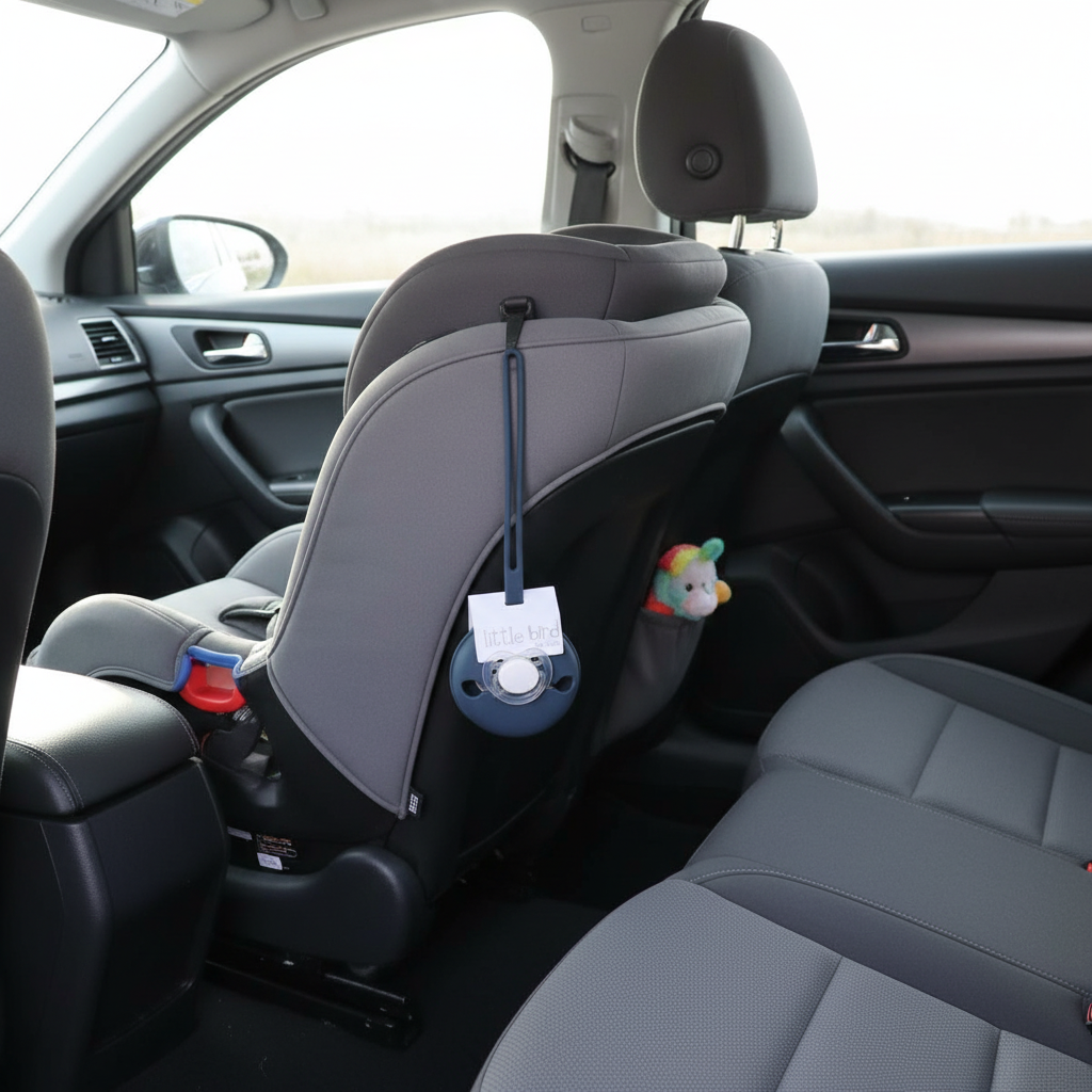 Portaciuccio blu navy in uso in auto