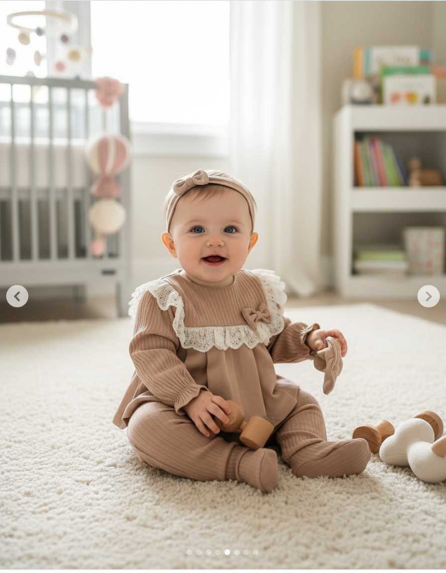Set Completo Neonata Cammello - Vestitino Pizzo + Pantaloncini Piedini + Fascia + Bavetta + Calzini