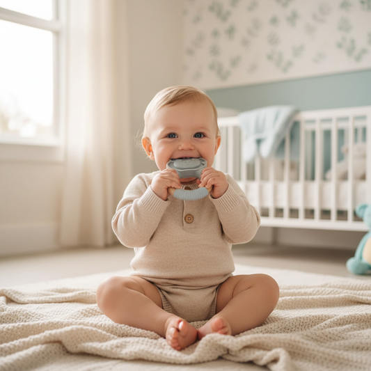 Bambino che tiene il massaggiagengive leoncino azzurro