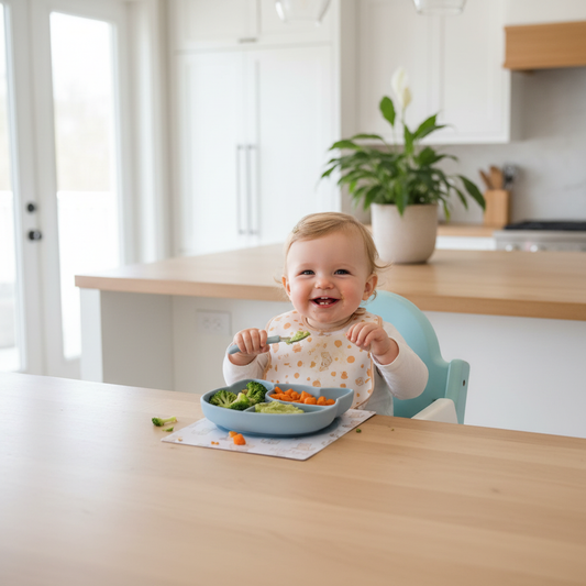 Bambino che mangia dal piatto gattino dusty blue