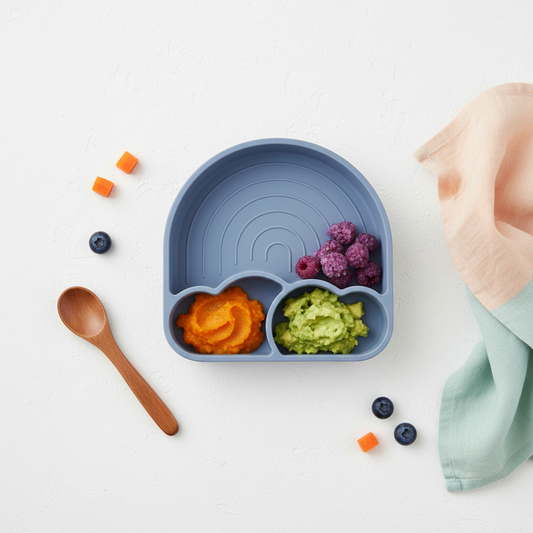 Piatto Arcobaleno Dusty Blue flat lay con cibo