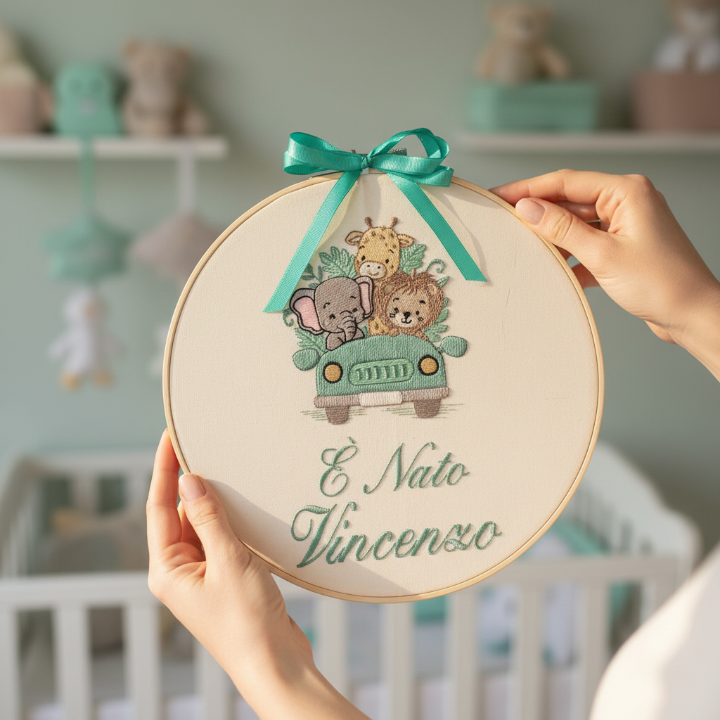 Lifestyle telaio ricamato personalizzato con mani