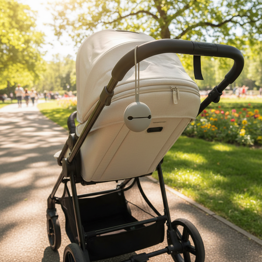 Portaciuccio grigio in uso durante passeggiata al parco