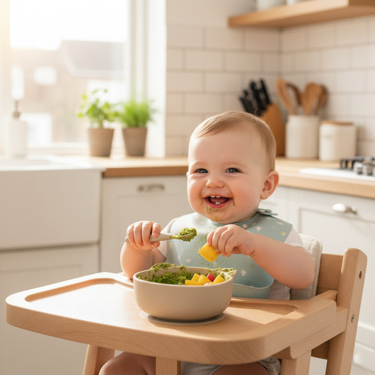 Bambino che mangia dalla ciotola gattino beige