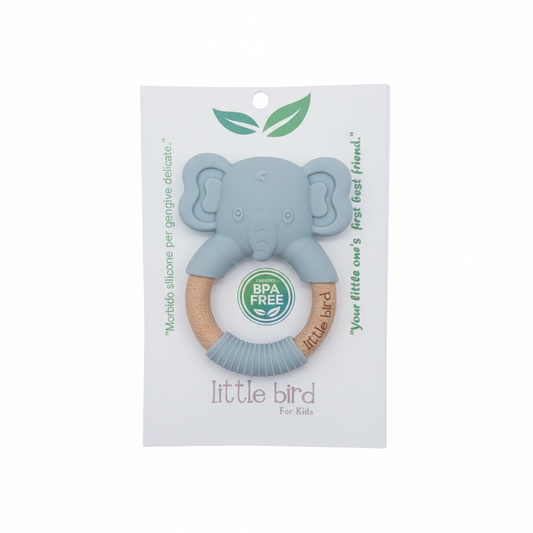 Massaggiagengive elefante dusty blue con packaging Little Bird