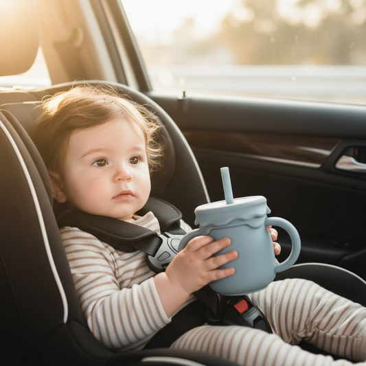 Bambino in auto con bicchiere dusty blue