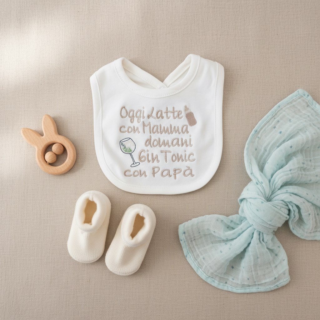 Flat lay bavetta ricamata con accessori baby