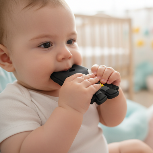 Neonato che gioca con mordibio Batman Little Bird