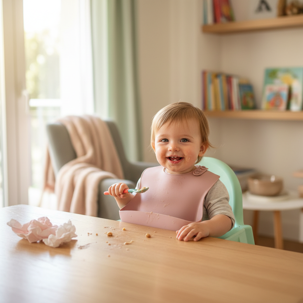 Bambino che indossa bavetta rosa - foto lifestyle