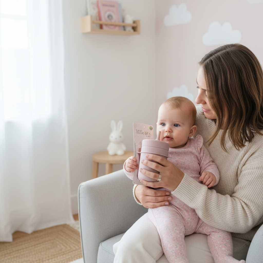 Momento mamma e bambina con bicchiere in silicone Little Bird