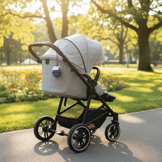 Portaciuccio blu navy in uso durante passeggiata al parco