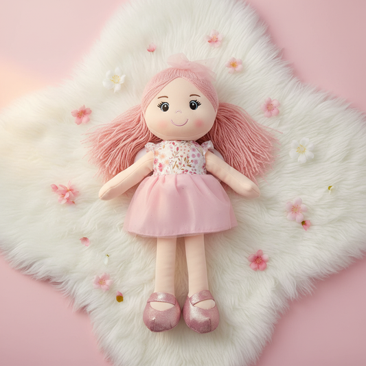 Bambola di Pezza Fiocchi e Fiori su copertina con fiori rosa
