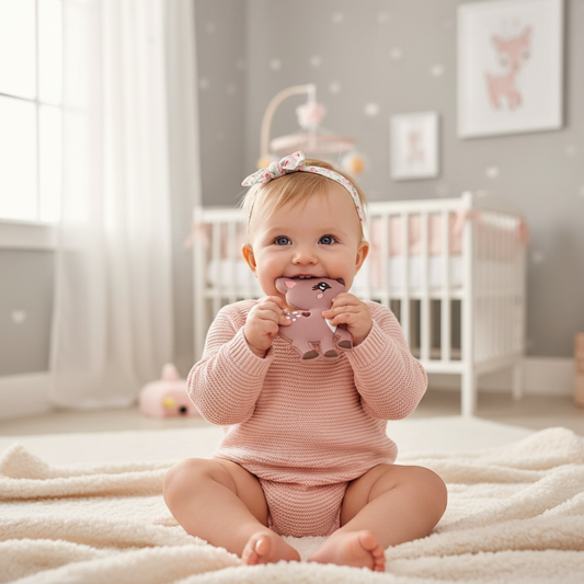 Neonato che tiene il massaggiagengive cerbiatto rosa