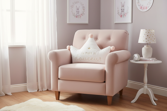 Cuscino Corona Maxi su poltrona rosa cipria