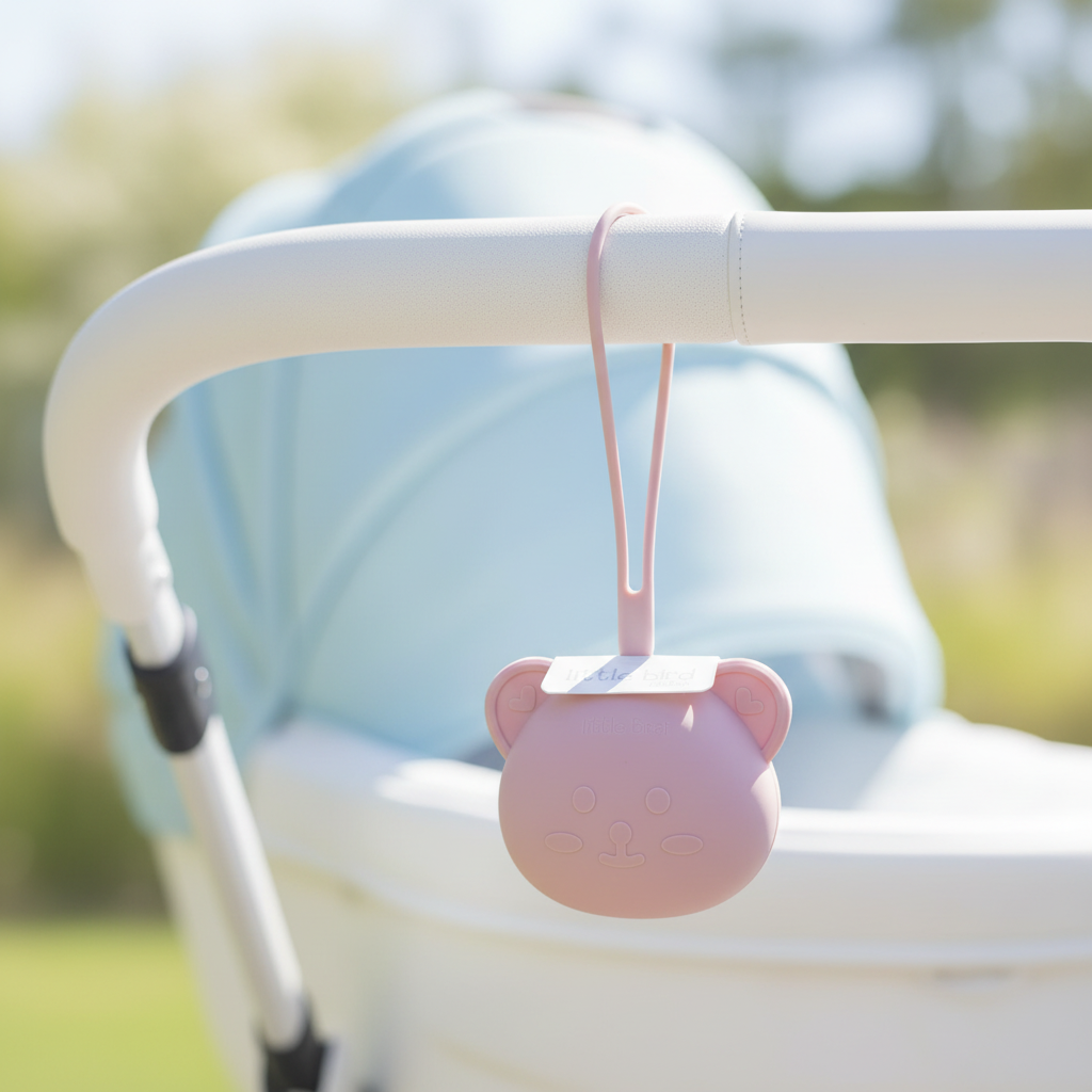 Portaciucciotto Orsetto Rose Pink agganciato al manico della carrozzina
