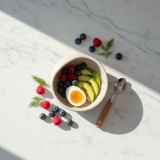 Flat lay ciotola salva pappa beige con ingredienti