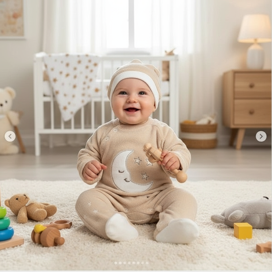 Tutina Neonato con Piedini Beige - Luna e Stelle + Cappellino