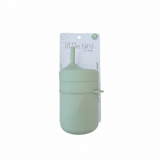 Bicchiere in silicone verde salvia con cannuccia e packaging Little Bird