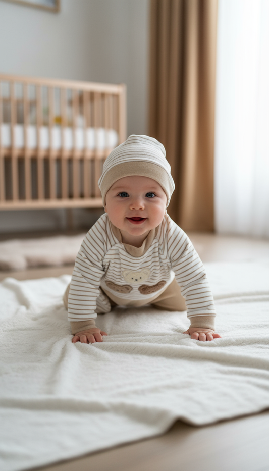 Tutina Neonato con Piedini Beige a Righe - Tre Orsetti - Cappellino