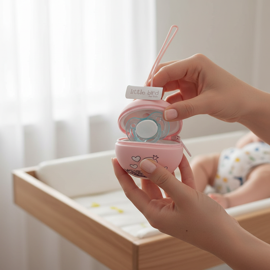 Mamma che usa il portaciucci cigno in cameretta