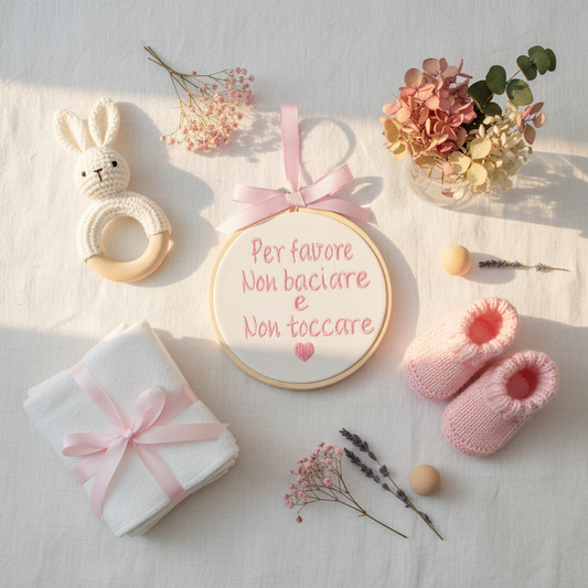 Flat lay telaio ricamato non baciare non toccare
