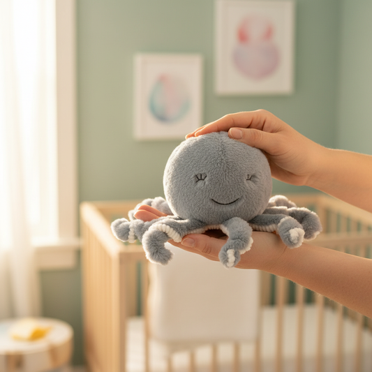 Mani adulte che tengono il peluche polipo
