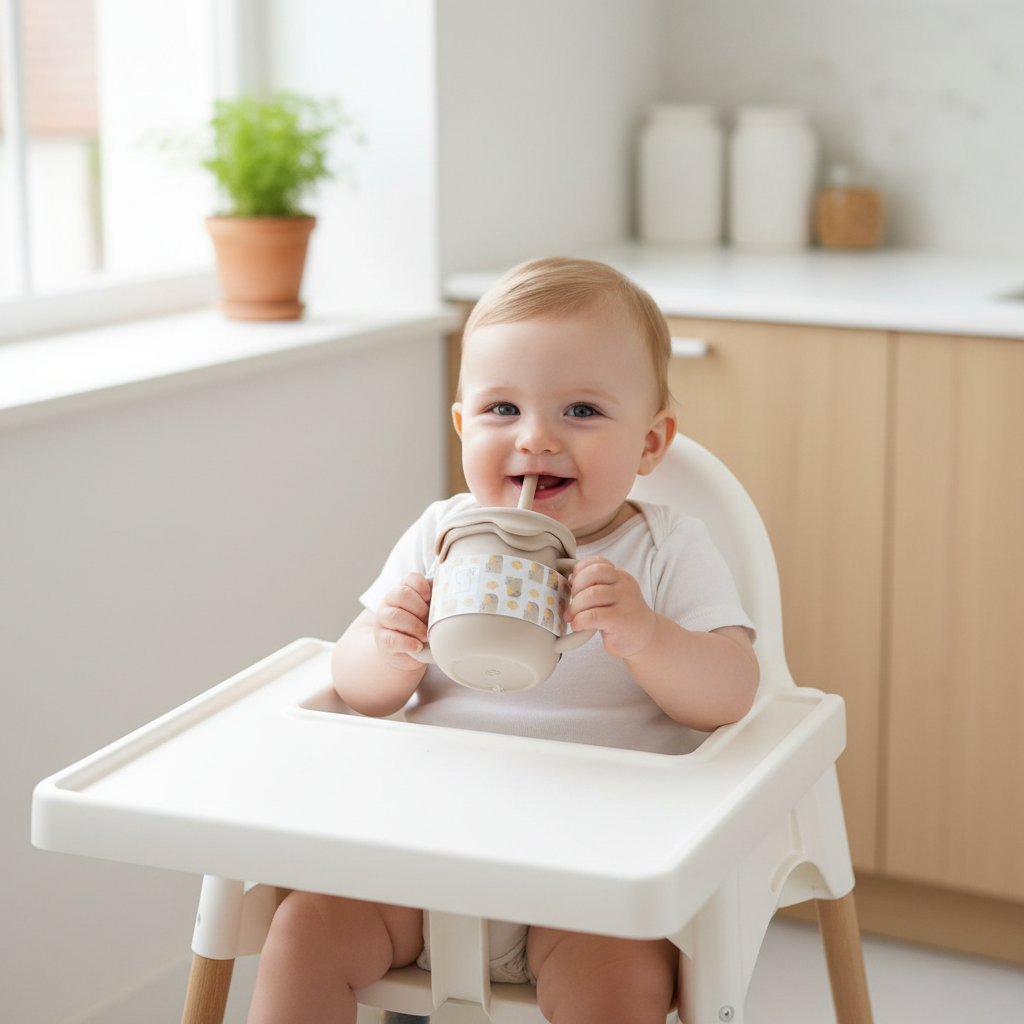 Bambino che beve dal bicchiere sippy beige