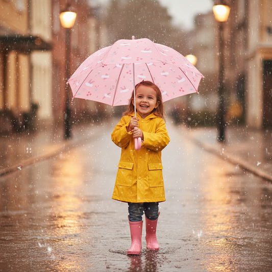Ombrello Blossom Birds lifestyle - bambina sotto la pioggia con impermeabile