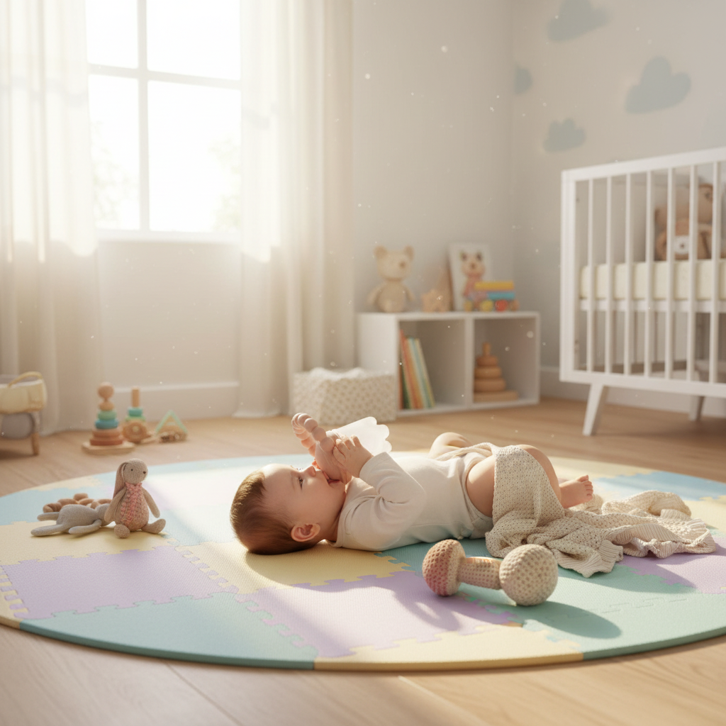 Bambino su tappetino gioco con ciuccio frutta rosa antico come massaggiagengive