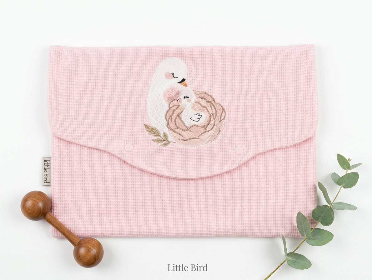 Little Bird - Busta Cambio Neonato e Nido Personalizzabile Ricamata Cigno Mamma e Figlio - Cotone Rosa - Organizer Borsa Parto - Regalo Nascita (Copia)