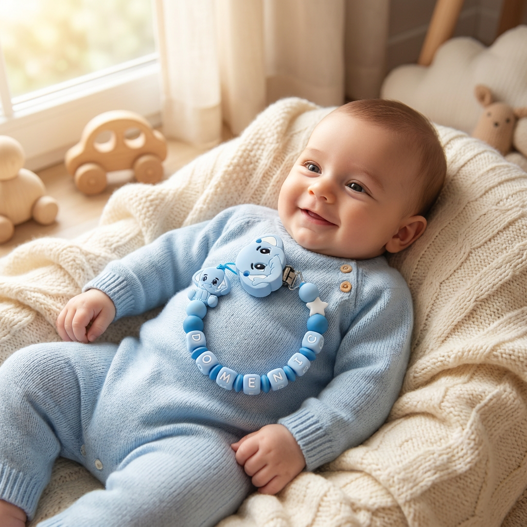 Little Bird- Portaciuccio Elefante Azzurro personalizzato con nome - 100% BPA free - Regalo Nascita