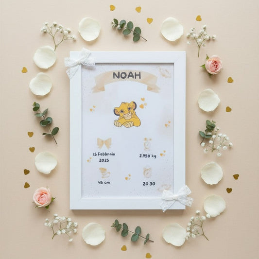 Little Bird - Quadretto Nascita Simba Personalizzato con Nome, Data, Peso, Altezza e Orario - Idea Regalo Nascita e Battesimo