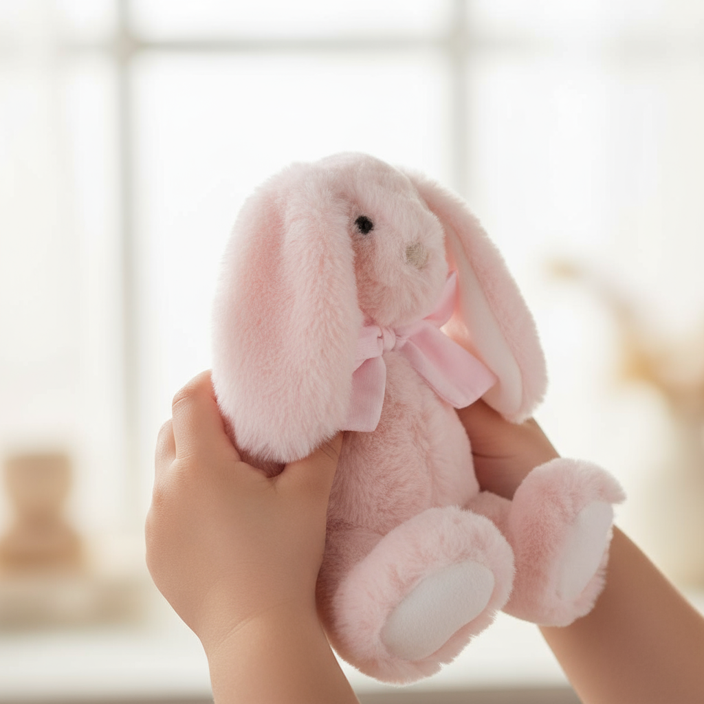 Manine di bambino con peluche coniglietto