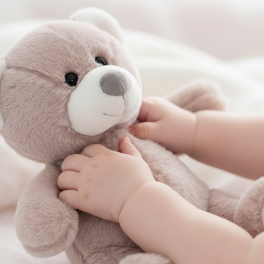 Manine di bambino con peluche orsetto rosa tenue