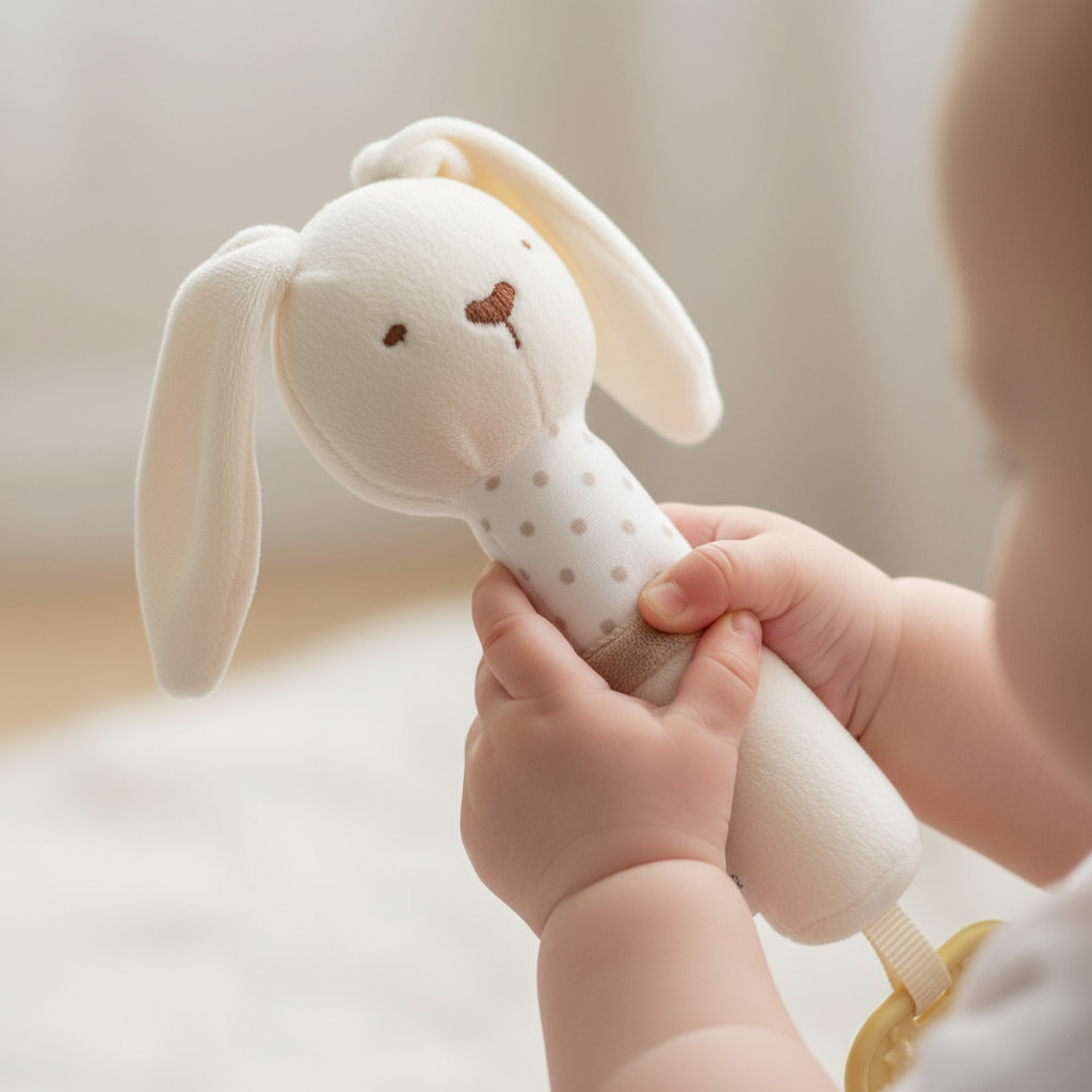 Manine di bambino con sonaglino coniglietto